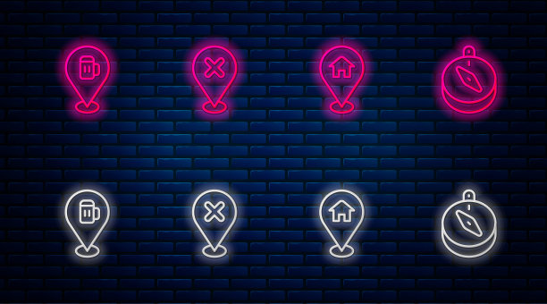 设置线位置与交叉标记，房子，酒精或啤酒酒吧的位置和指南针。砖墙上闪烁的霓虹灯图标。向量图片下载