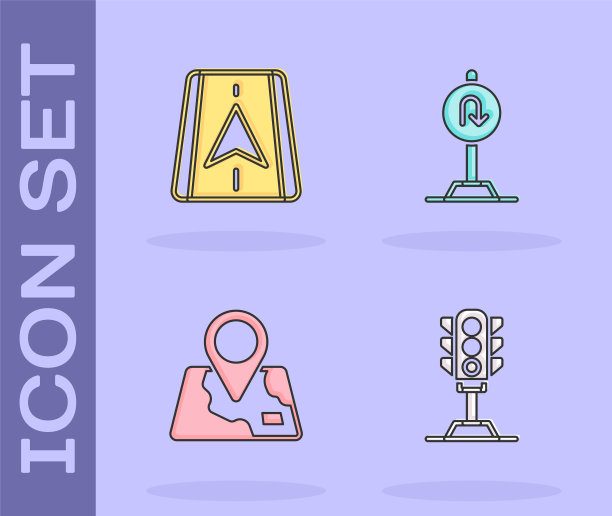 设置交通灯，城市地图导航，折叠位置标记和回头道路标志图标。向量图片下载