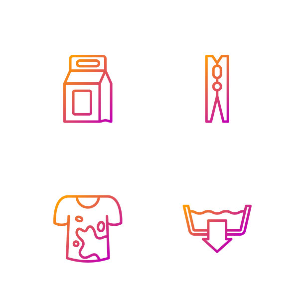 设置线洗涤模式，脏t恤，洗衣粉和衣服针。渐变颜色图标。向量图片下载