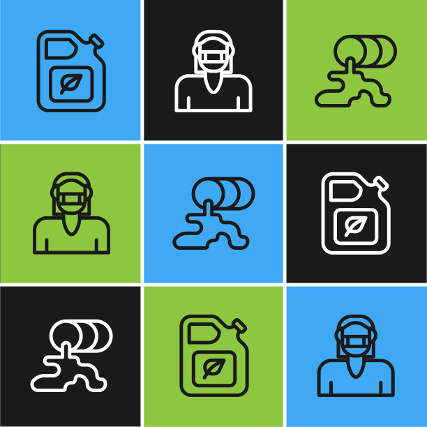 设置线生物燃料罐，桶漏油和脸在保护面具图标。向量图片下载