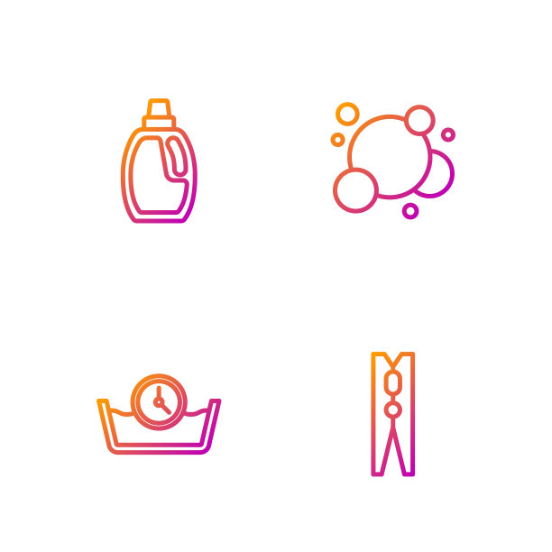 设定线夹，定时洗涤，装清洁剂和肥皂水泡沫的瓶子。渐变颜色图标。向量图片下载