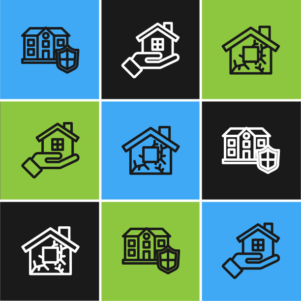 设置线房子与盾，并在手中的图标。向量图片下载