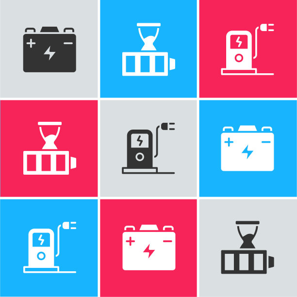 设置“汽车电池”、“电池充电”和“电动汽车充电站”图标。向量图片下载