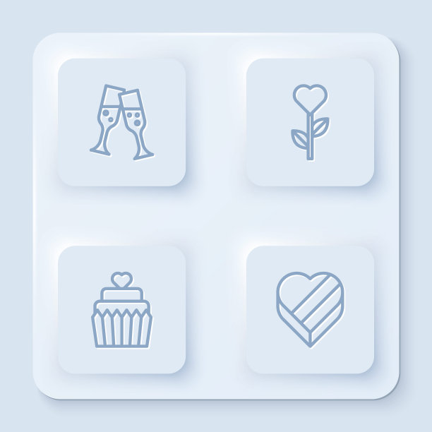 香槟杯，心形花，心形婚礼蛋糕和糖果盒。白色正方形按钮。向量图片下载