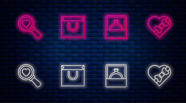 集购物袋，钻石订婚戒指，寻找心和爱和糖果形状的盒子。砖墙上闪烁的霓虹灯图标。向量图片下载