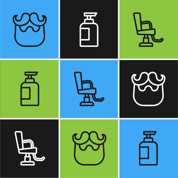 设置线胡子和胡须，理发店的椅子和洗发水的图标。向量图片下载