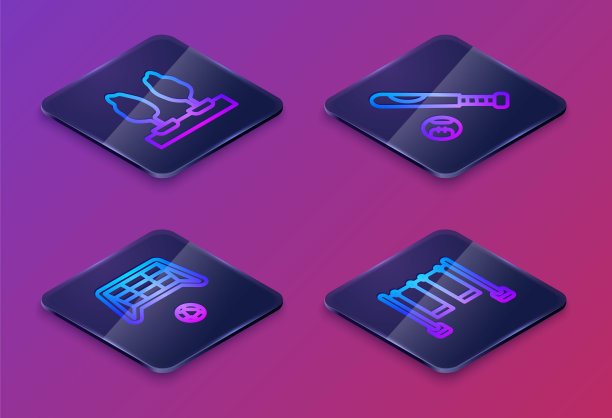 设置等距线森林，足球球门，棒球球棒和双挥杆。蓝色方块按钮。向量图片下载