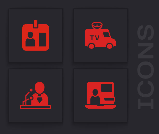 设置世界新闻，记者身份证，电视新闻和Breaking图标。向量图片下载