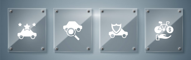 设置自行车租赁移动应用，车与盾，共享和。方形玻璃面板。向量图片下载