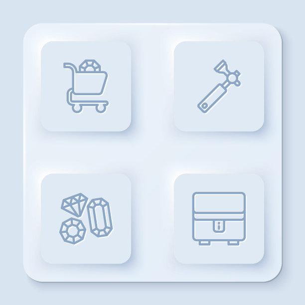 集珠宝在线购物，珠宝首饰，宝石和盒。白色正方形按钮。向量图片下载