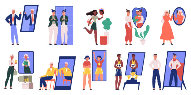 人们照镜子时，会看到自信的男女角色。自恋的，自恋的字符矢量插图集。自信，动机场景图片下载