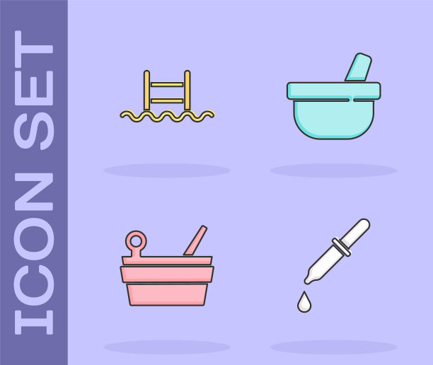 设置移液器、带梯子的游泳池、桑拿桶和勺、研钵杵图标。向量图片下载