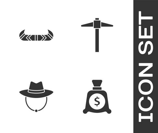 设置钱袋，皮艇或独木舟和划桨，西部牛仔帽和Pickaxe图标。向量图片下载