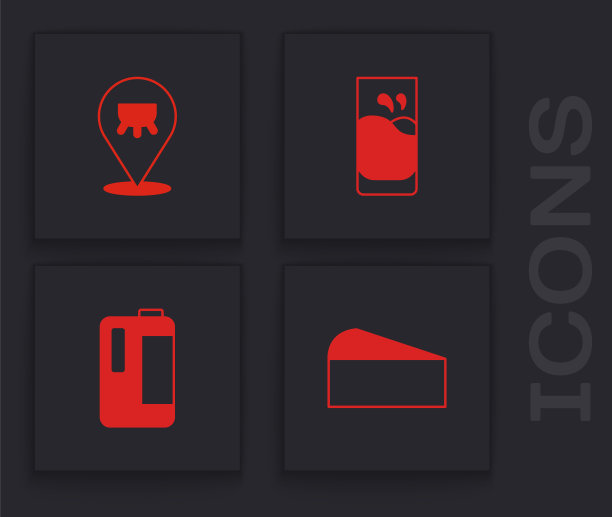 设置奶酪，乳房，玻璃牛奶和牛奶在塑料瓶图标。向量图片下载