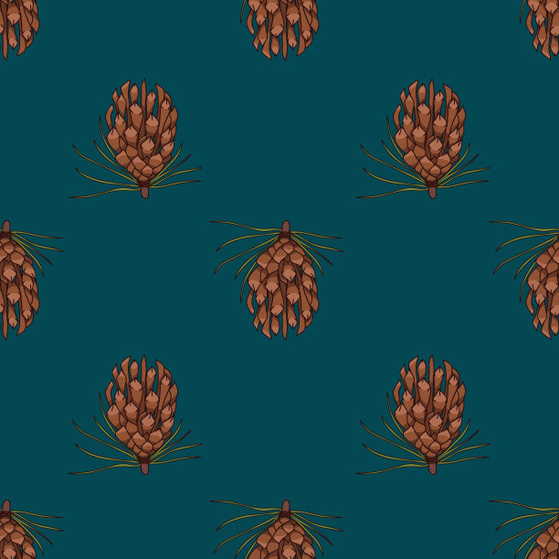 秋天松果向量重复图案设计在深绿色的背景图片下载