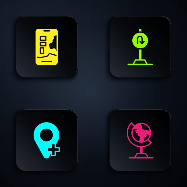 设置地球仪，城市地图导航，定位和倒车路标。黑色方形按钮。向量图片下载