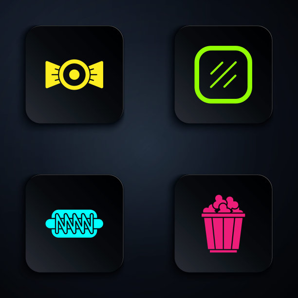 设置爆米花盒，糖果，热狗三明治和牛排肉。黑色方形按钮。向量图片下载