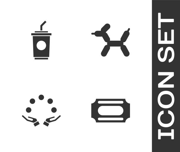 设置马戏团票，纸玻璃与水，杂耍球和气球狗图标。向量图片下载