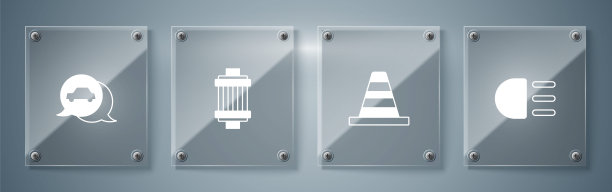 设置远光灯，交通锥，汽车空气滤清器及服务。方形玻璃面板。向量图片下载