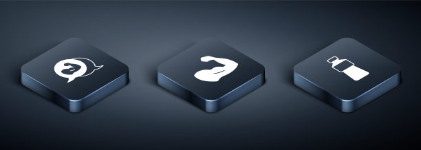 设置等距健美者肌肉，瓶装水和图标。向量图片下载