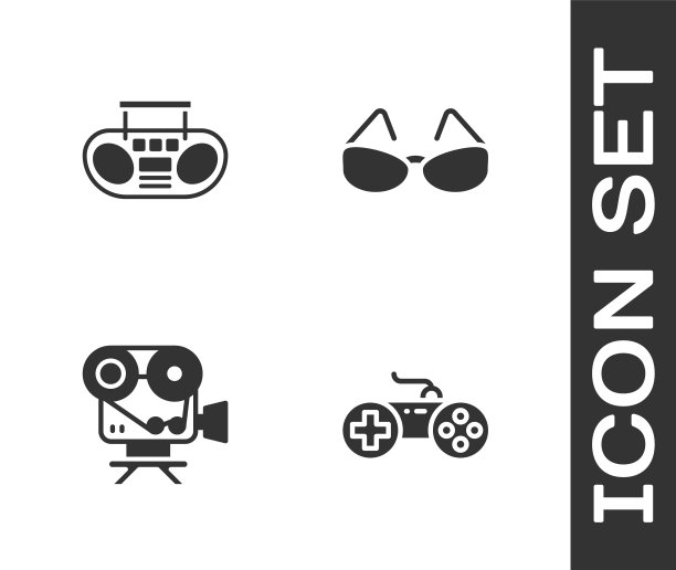 设置手柄，两个扬声器的家庭立体声，复古电影相机和眼镜图标。向量图片下载