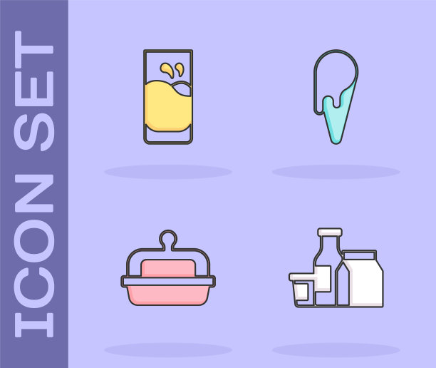 设置牛奶制品，牛奶杯，黄油碟和冰淇淋华夫蛋筒图标。向量图片下载
