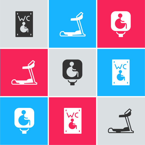 设置残疾人专用厕所、跑步机和残疾人轮椅图标。向量图片下载