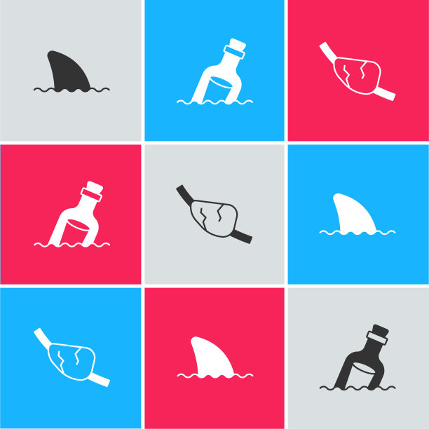 设置鱼翅在海浪，瓶子与信息水和海盗眼罩图标。向量图片下载