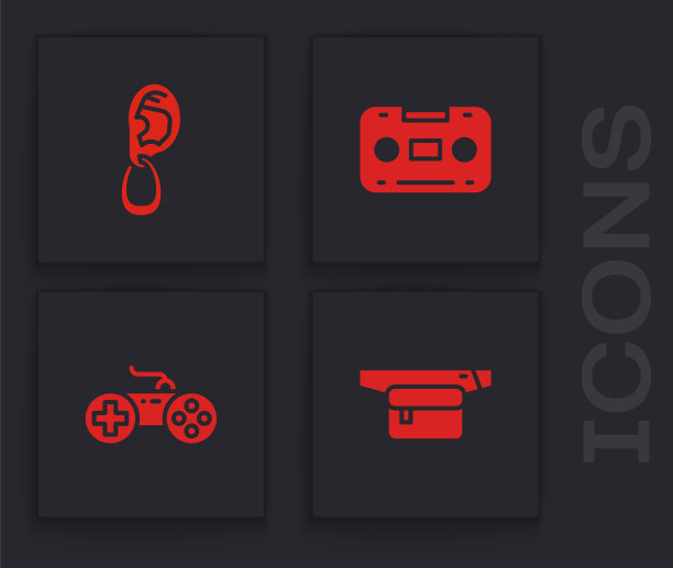 设置香蕉腰袋，耳朵带耳环，复古磁带和手柄图标。向量图片下载