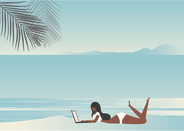 Workcation。工作的假期概念。女人工作在笔记本电脑上的海滩暑假矢量插图素材图片