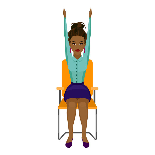 穿着职业装的漂亮的非裔美国妇女正在办公椅上锻炼身体。举手的姿势。图片下载