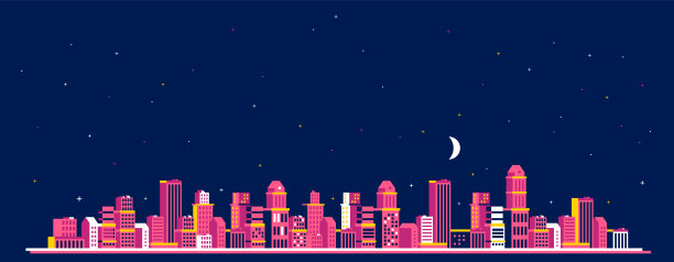 深蓝色天空背景下的星星和月亮的夜晚红色城市景观矢量水平插图。光城街道全景平面等距式设计图片下载