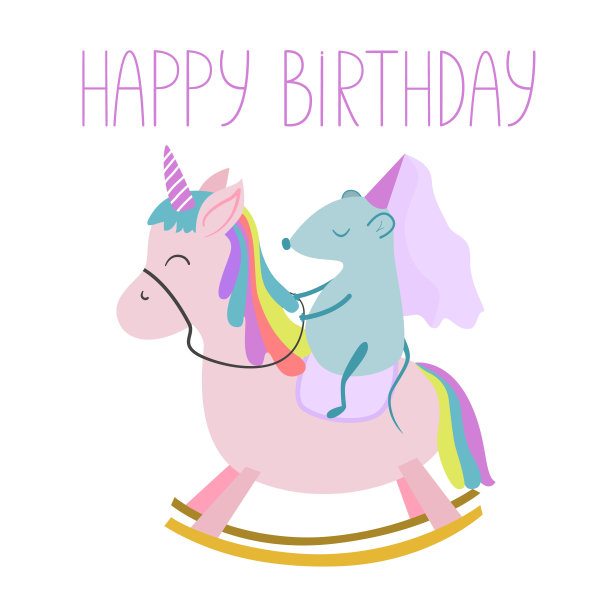 生日快乐的明信片。给一个女孩的贺卡，有一只独角兽，一只精灵鼠和一个题词。明信片模板卡通风格印刷和出版在网站上图片下载