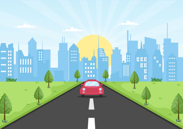 日出现代城市天际线景观与城镇建筑和城市景观天空在平面插图海报，横幅或背景图片下载