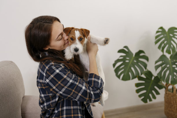 年轻的黑发女人与小型品种的狗。图片下载