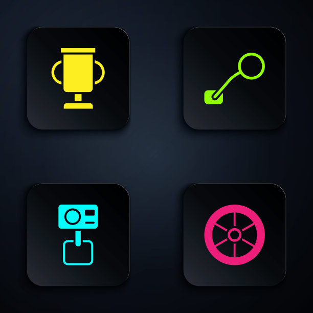 配备自行车轮毂、带自行车的奖杯、极限相机及后视镜。黑色方形按钮。向量图片下载