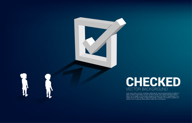 剪影男孩和女孩站在3D复选框。图片下载