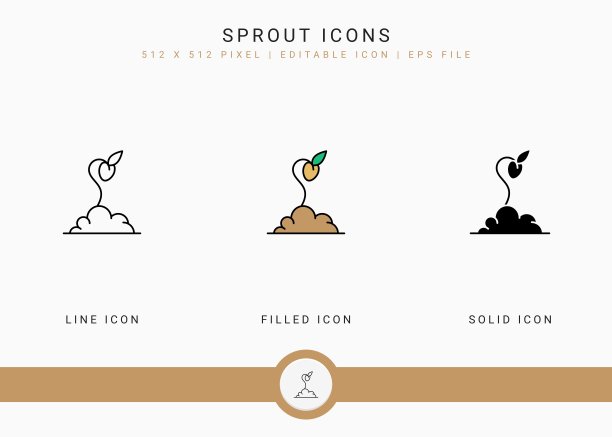 发芽图标设置矢量插图与固体图标线风格。种植园艺农业概念。图片下载