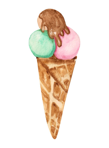 水彩插图。华夫饼杯里的冰淇淋，里面有球和糖浆。甜蜜的色彩斑斓的甜点图片下载