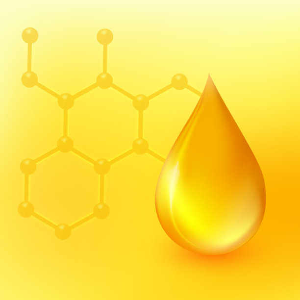 油滴矢量插图。逼真的3d液滴和dna分子符号孤立在黄色背景上。金色的胶原蛋白精华。工业和石油概念。ω- 3的标签。EPS10图片下载