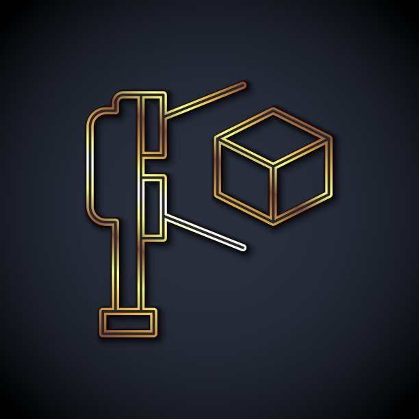 金线3D扫描仪与立方体投影图标孤立在黑色背景。向量图片下载