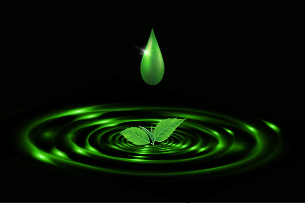 水滴背景孤立在黑色背景上。逼真的绿色溅水波表面从落下的叶子。矢量圆纹，液体洗发水或凝胶漩涡圆形纹理模板。EPS10图片下载