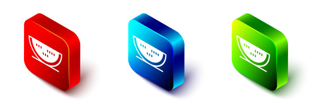 等距西瓜图标孤立在白色背景上。红色、蓝色和绿色方形按钮。向量图片下载