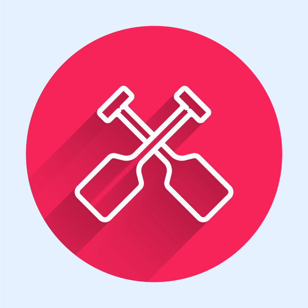 白线桨图标孤立与长阴影。桨划船。红色圆圈按钮。向量图片下载