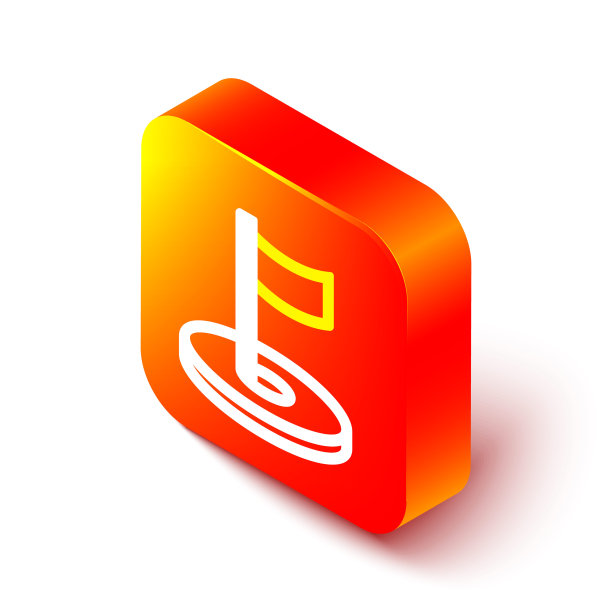 等距线高尔夫球洞与旗帜图标孤立在白色背景上。橙色平方按钮。向量图片下载