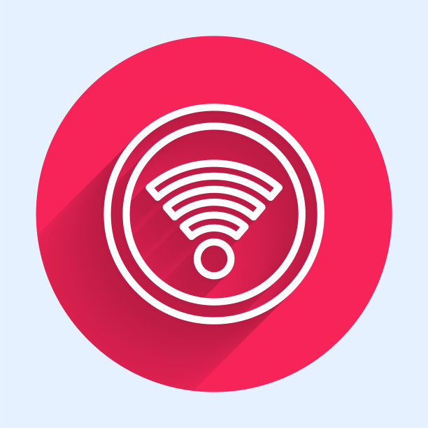 白线Wi-Fi无线网络符号图标与长阴影隔离。红色圆圈按钮。向量图片下载