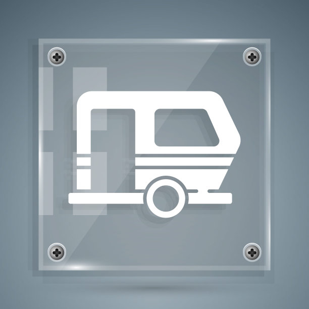 白色房车露营拖车图标孤立在灰色背景上。旅行房车、旅行大篷车、家庭露营车。方形玻璃面板。向量图片下载