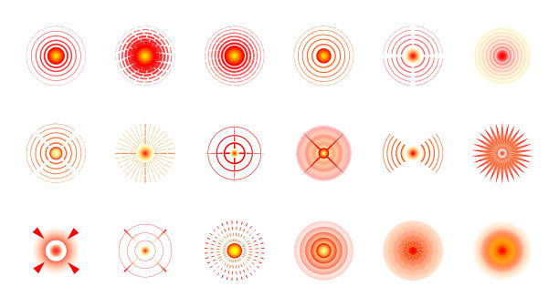 疼痛定位红圈标记设置。疼痛处抽象符号。痛处或受伤部位的标记。止痛药广告和医疗信息海报隔离设计元素图片下载