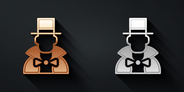 金色和银色魔术师图标孤立在黑色背景上。长长的阴影风格。向量图片下载