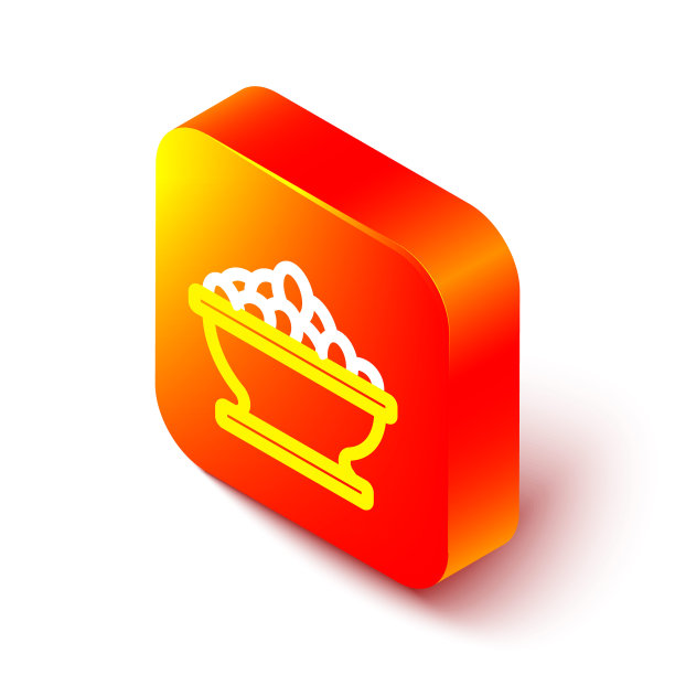 等距线橄榄在碗图标孤立在白色背景。橙色平方按钮。向量图片下载